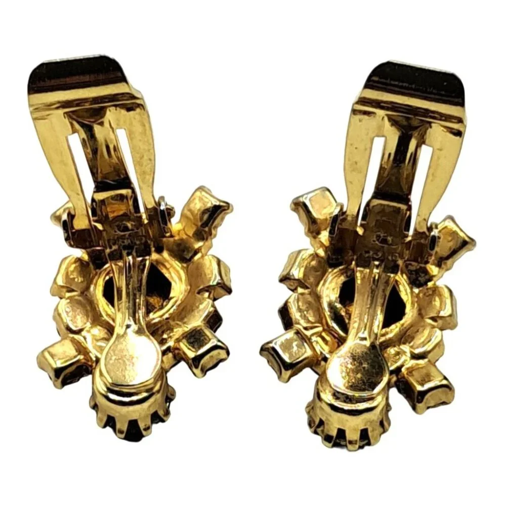 Vintage Rivoli Rhinestone Earrings Aurora Borealis Brown Clip Ons Costume Jewelr - Picture 5 of 11